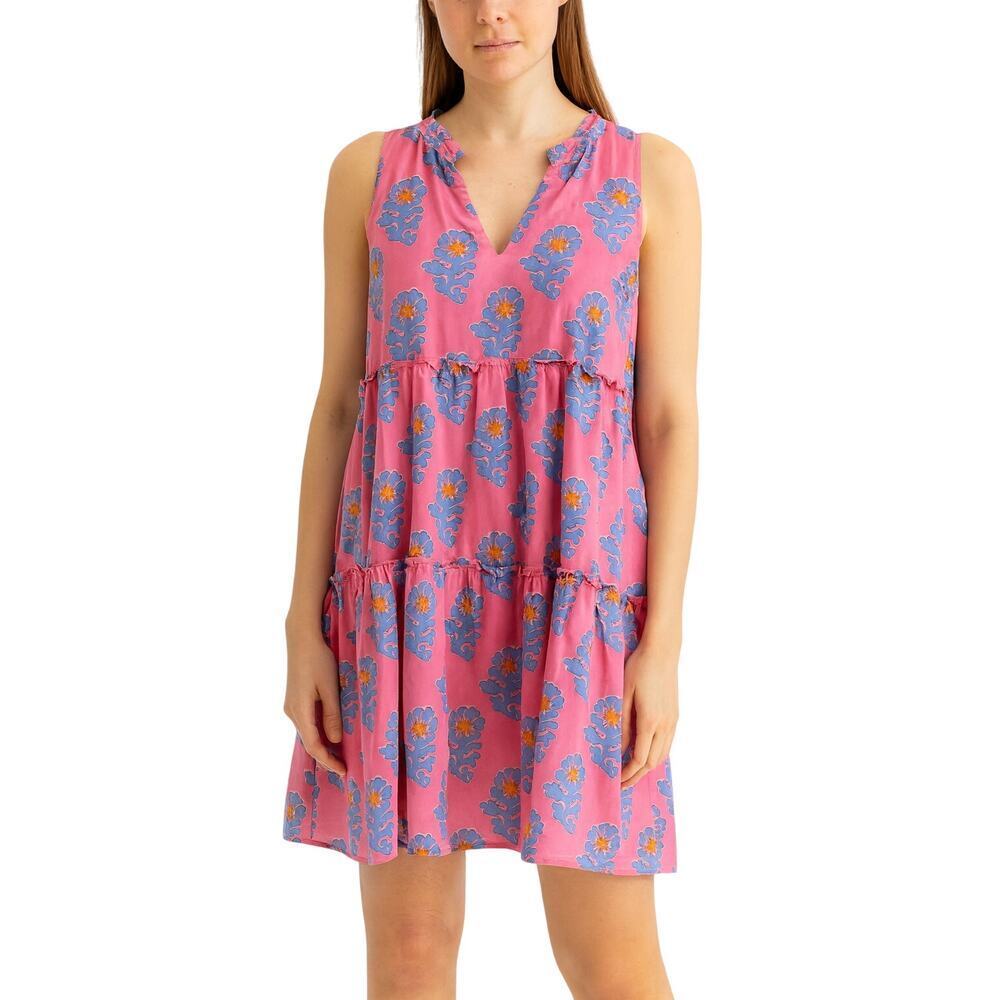 J Marie Sleeveless Split Neck Piper Tiered Mini Dress Blue/Pink size Large